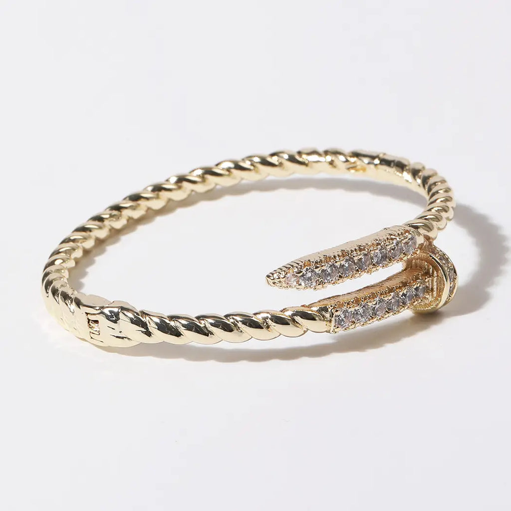 CZ Pave Edge Twisted Gold Plated Bangle Bracelet