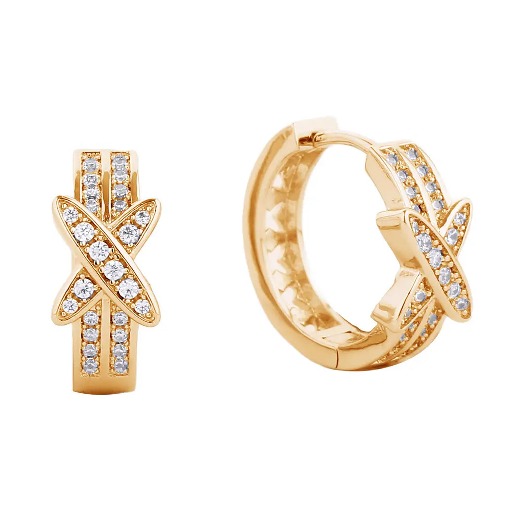 14K Gold-Dipped Cz Paved Two-Line Huggie Earrings