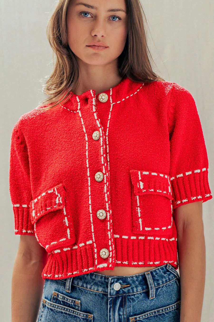 Stitched Short Sleeve Cardigan