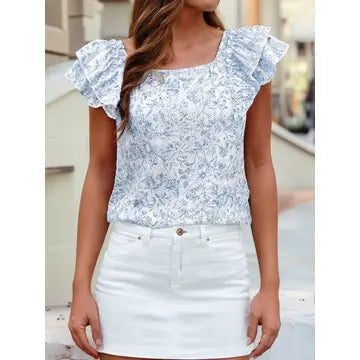 Floral Ruffle Bow-Back Blouse