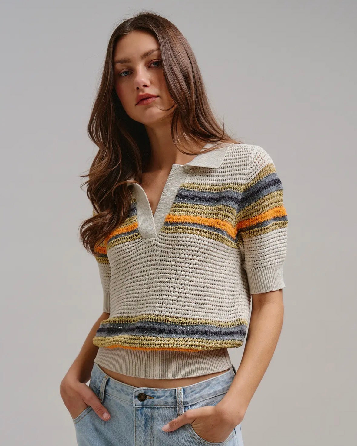 Retro V-Neck Striped Polo