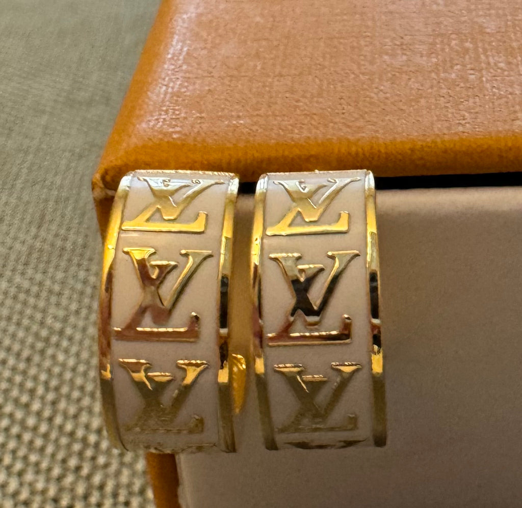 Monogrammed White & Gold Hoops