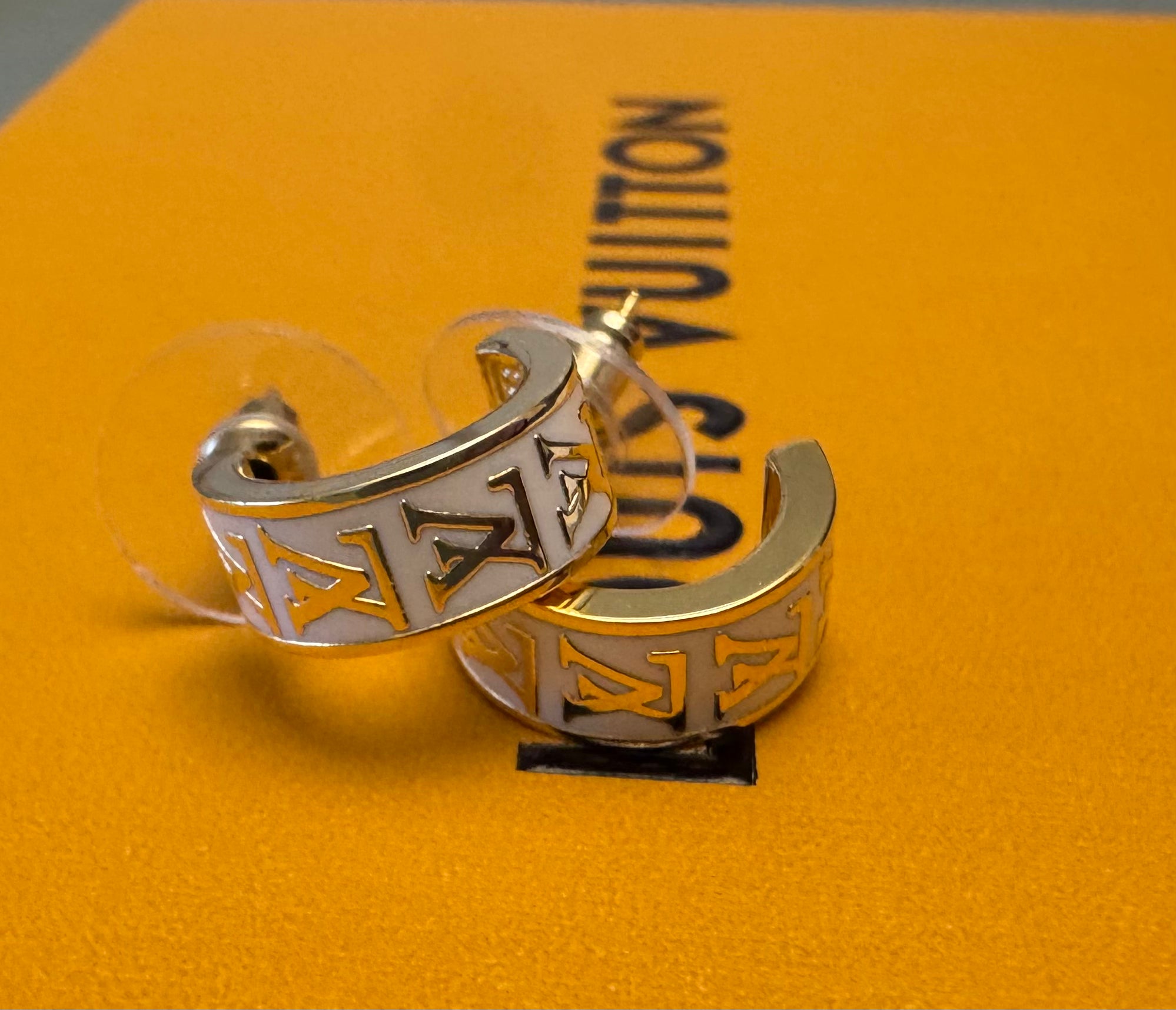 Monogrammed White & Gold Hoops