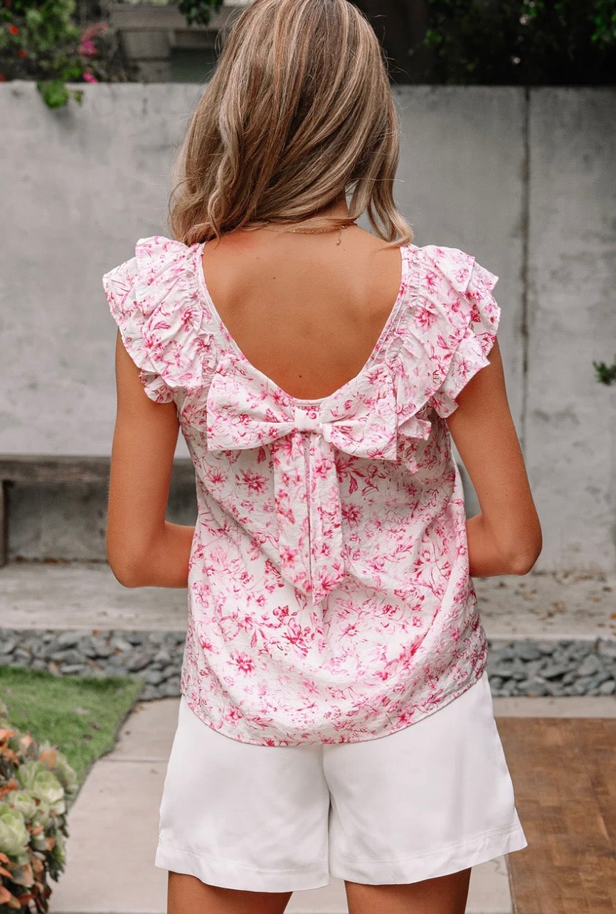 Floral Ruffle Bow-Back Blouse