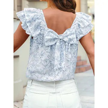 Floral Ruffle Bow-Back Blouse
