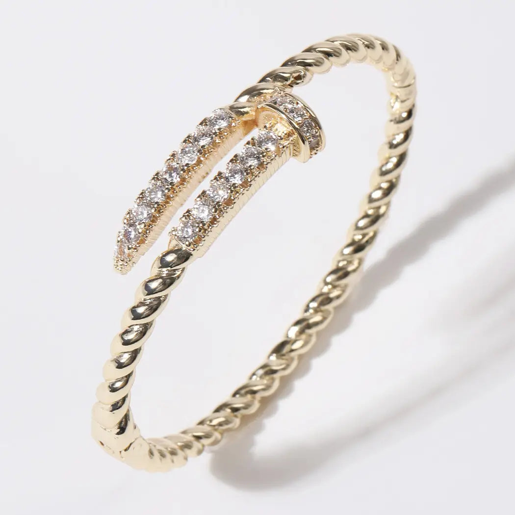 CZ Pave Edge Twisted Gold Plated Bangle Bracelet