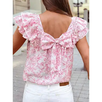 Floral Ruffle Bow-Back Blouse